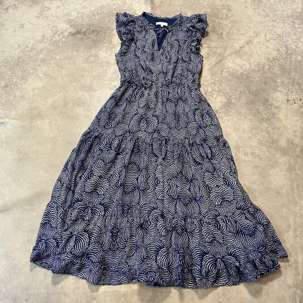 Willa Story Dress‎ Womens Size Medium Blue V Neck Tiered Maxi Ruffle Sleeve